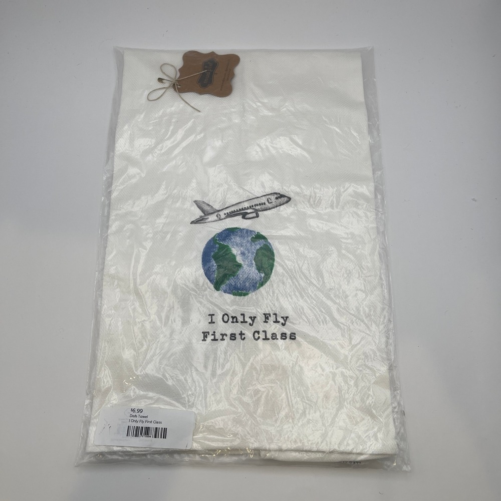 Mud Pie I Only Fly First Class Dish Towel White Cotton Airplane Globe Travel
